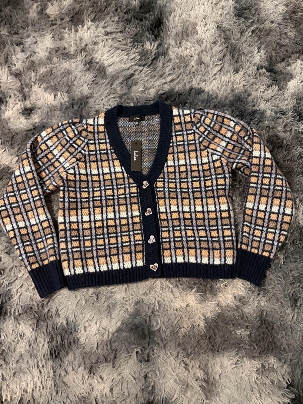 Lulus Plaid Heart Button Cardigan Sweater XL NWT Navy Blue Cropped Rhinestone